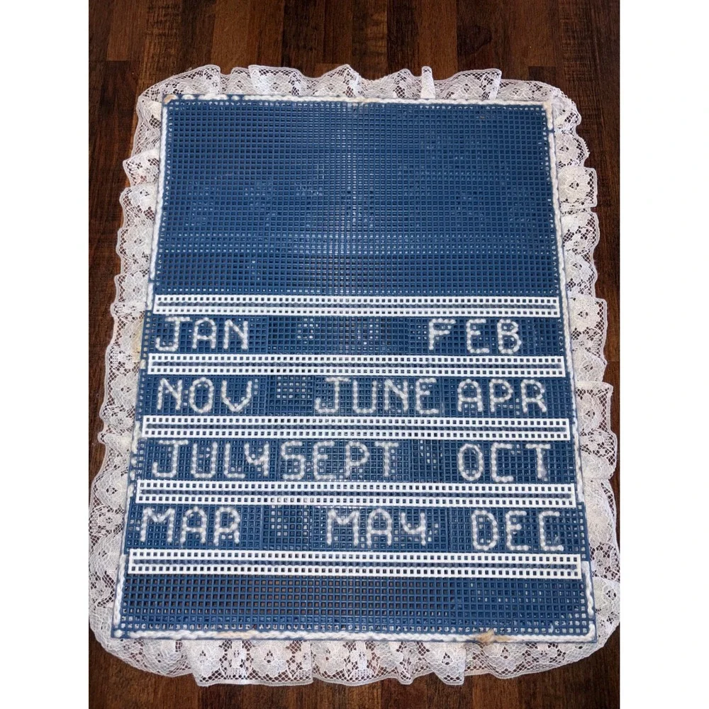 Vtg Blue Plastic Canvas Needlepoint Perpetual Calendar Lace Handmade Gramcore